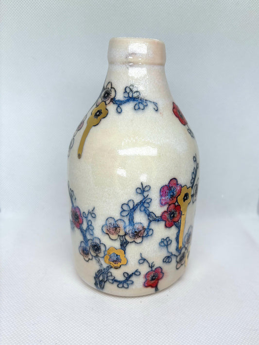 Handmade Red & Gold Ceramic Vase with Floral Pattern: Wheel Thrown Pottery Decor
