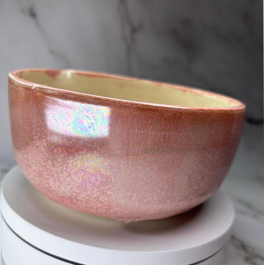 Iridescent Pink Coral & White Porcelain Bowl: Handmade Ceramic Matcha Bowl