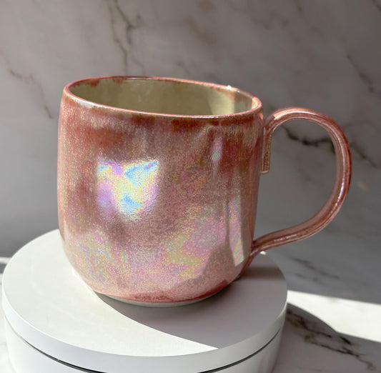 Handmade Iridescent Pink Coral & White Porcelain Coffee Mug: Glitterkween Ceramics